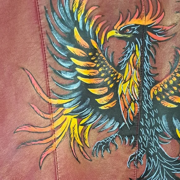 Hand Painted Faux Leather Jacket with Phoenix Art Size Large - Picture 8 of 17